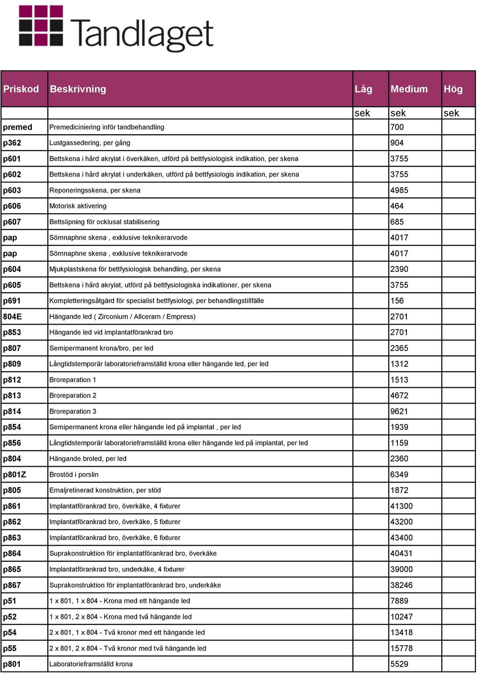 Bettslipning för ocklusal stabilisering 685 pap Sömnaphne skena, exklusive teknikerarvode 4017 pap Sömnaphne skena, exklusive teknikerarvode 4017 p604 Mjukplastskena för bettfysiologisk behandling,