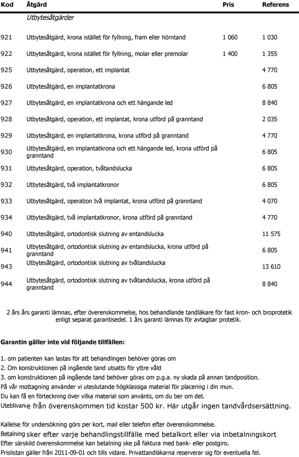 implantat, krona utförd på granntand 2 035 929 Utbytesåtgärd, en implantatkrona, krona utförd på granntand 4 770 930 Utbytesåtgärd, en implantatkrona och ett hängande led, krona utförd på granntand 6