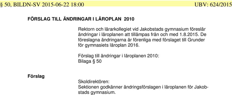 2015. De föreslagna ändringarna är förenliga med förslaget till Grunder för gymnasiets läroplan 2016.