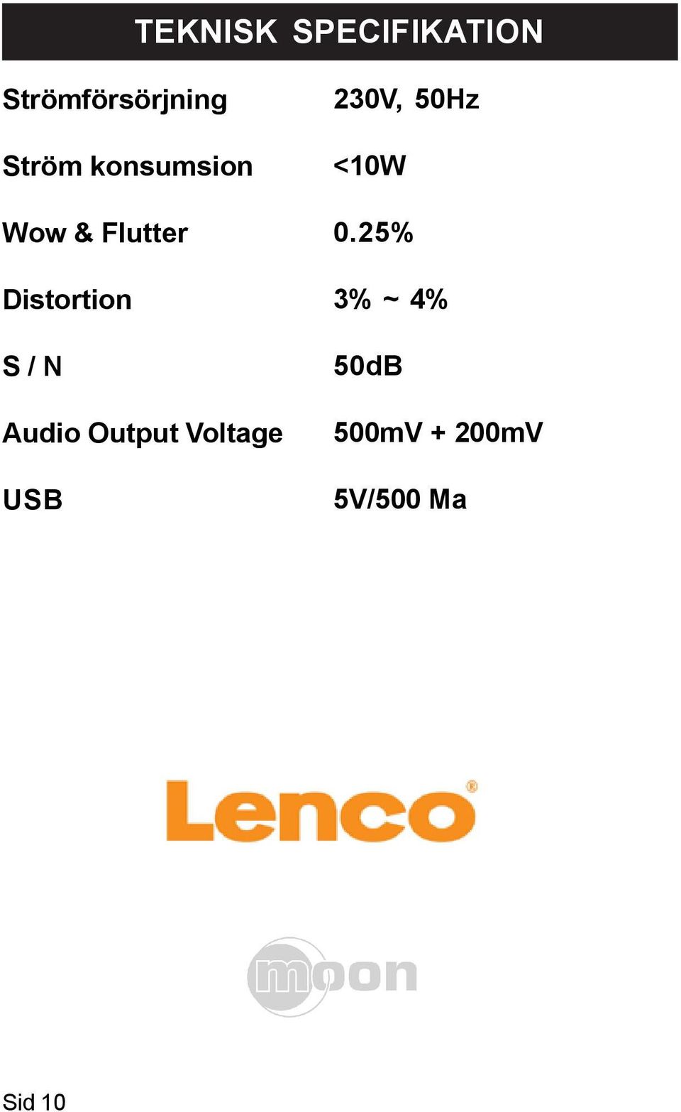 Audio Output Voltage USB 230V, 50Hz <10W 0.