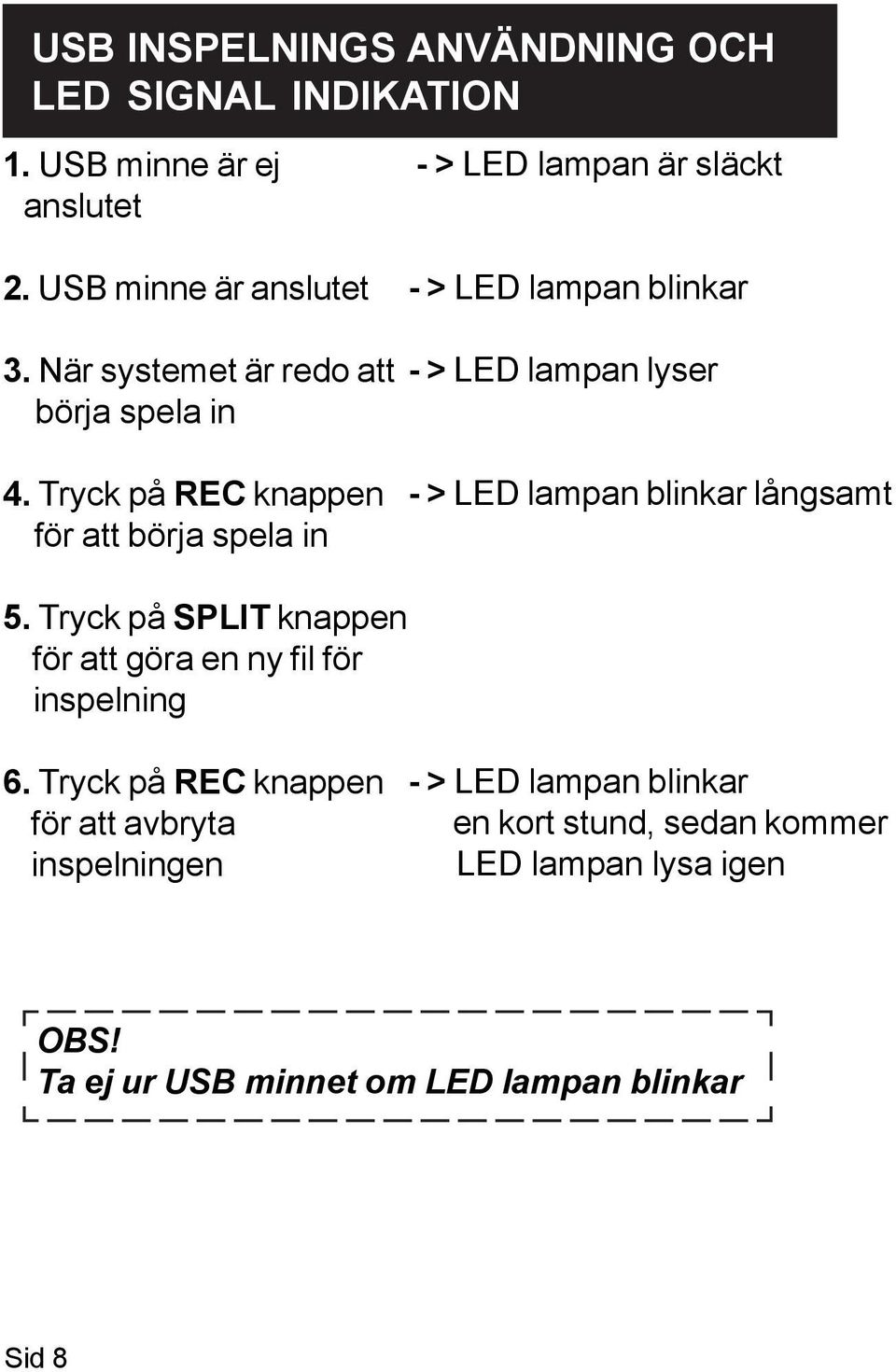 Tryck på REC knappen för att börja spela in - > LED lampan är släckt - > LED lampan blinkar - > LED lampan lyser - > LED lampan