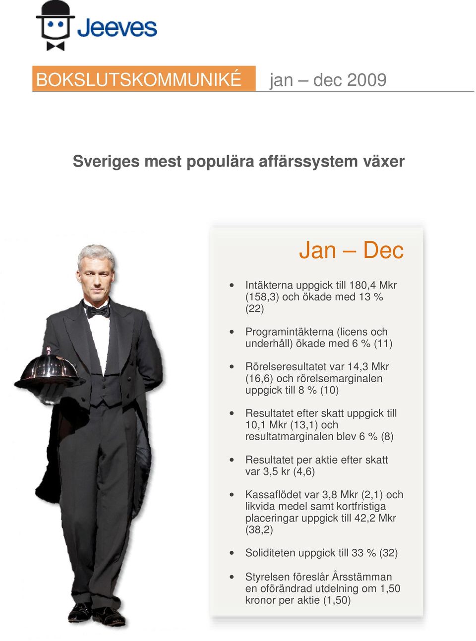 skatt uppgick till 10,1 Mkr (13,1) och resultatmarginalen blev 6 % (8) Resultatet per aktie efter skatt var 3,5 kr (4,6) Kassaflödet var 3,8 Mkr (2,1) och likvida
