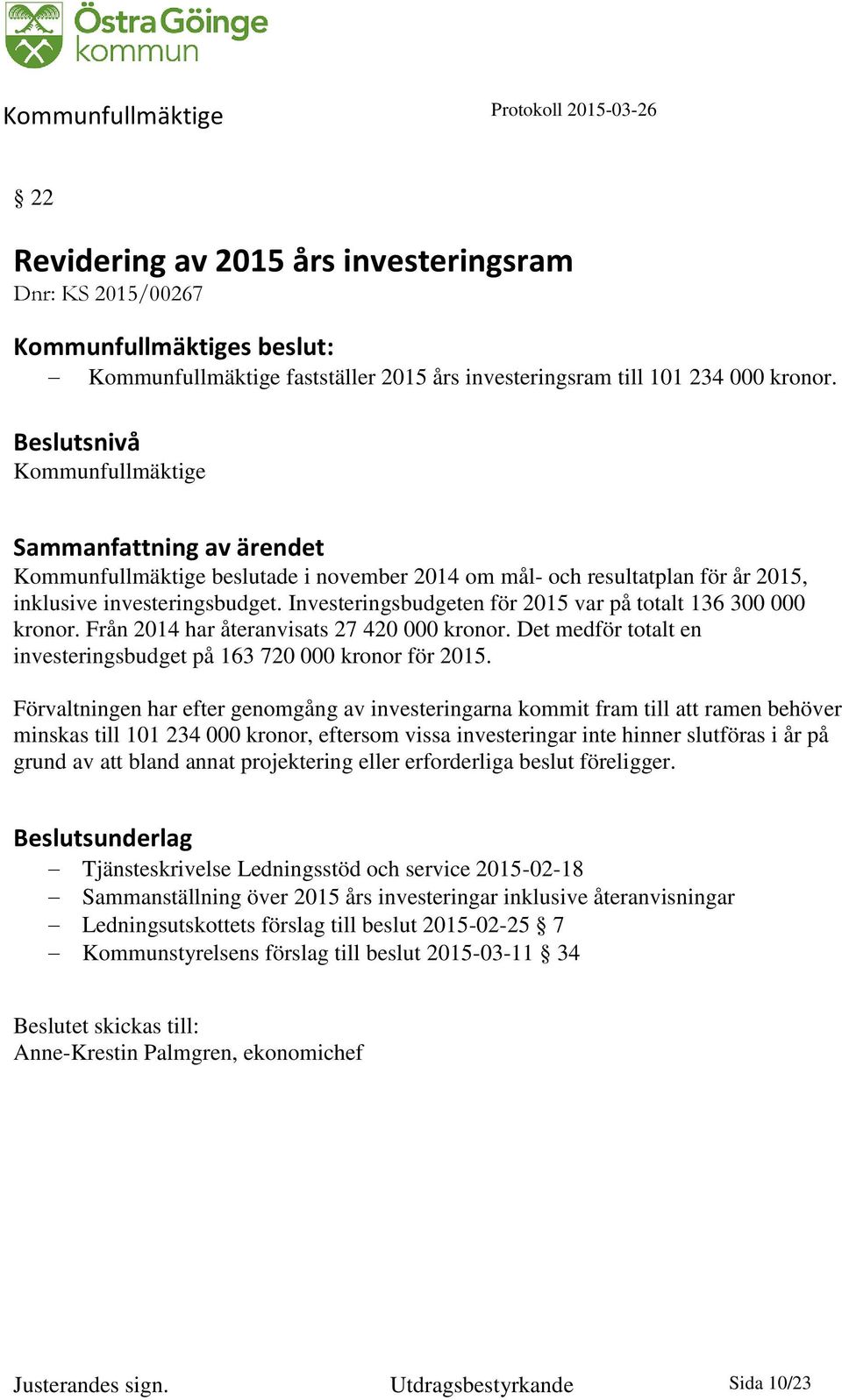 Investeringsbudgeten för 2015 var på totalt 136 300 000 kronor. Från 2014 har återanvisats 27 420 000 kronor. Det medför totalt en investeringsbudget på 163 720 000 kronor för 2015.