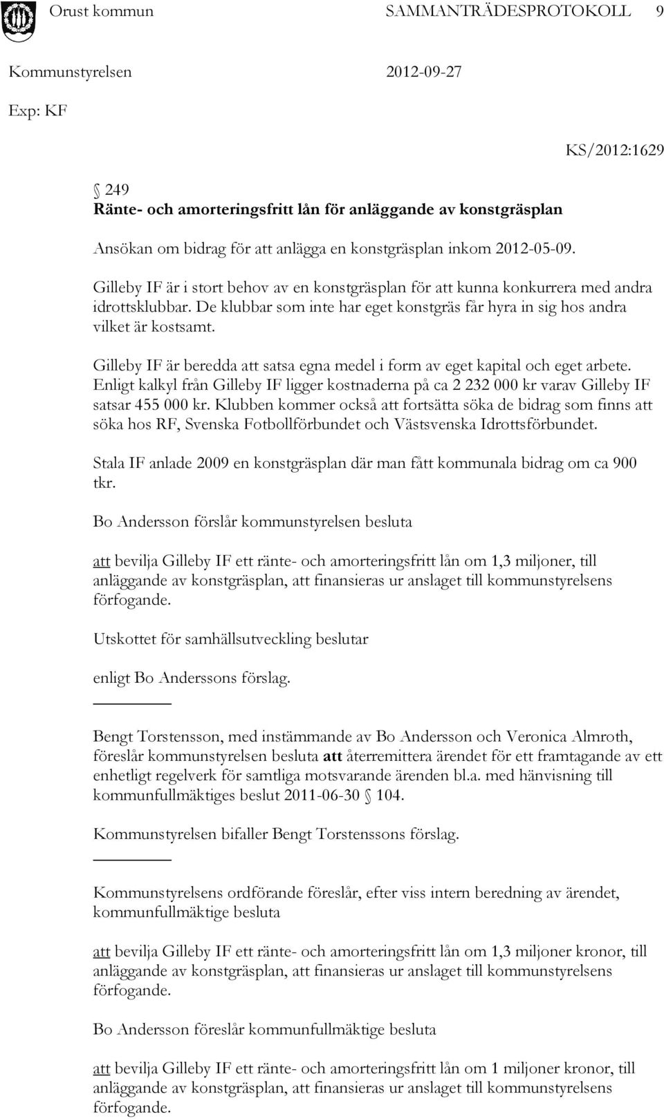 Gilleby IF är beredda att satsa egna medel i form av eget kapital och eget arbete. Enligt kalkyl från Gilleby IF ligger kostnaderna på ca 2 232 000 kr varav Gilleby IF satsar 455 000 kr.