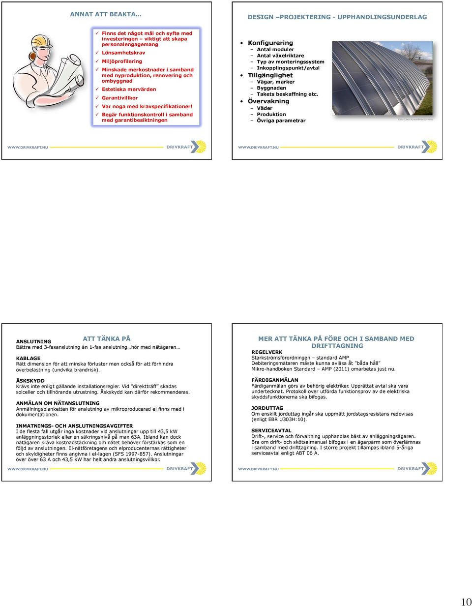 ü Begär funktionskontroll i samband med garantibesiktningen Konfigurering Antal moduler Antal växelriktare Typ av monteringssystem Inkopplingspunkt/avtal Tillgänglighet Vägar, marker Byggnaden Takets