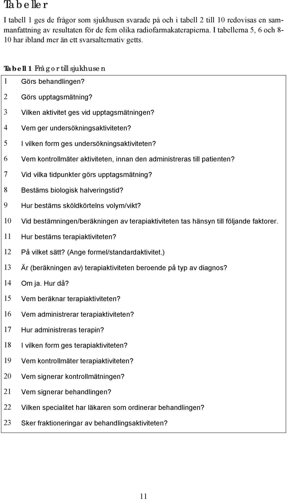 4 Vem ger undersökningsaktiviteten? 5 I vilken form ges undersökningsaktiviteten? 6 Vem kontrollmäter aktiviteten, innan den administreras till patienten? 7 Vid vilka tidpunkter görs upptagsmätning?