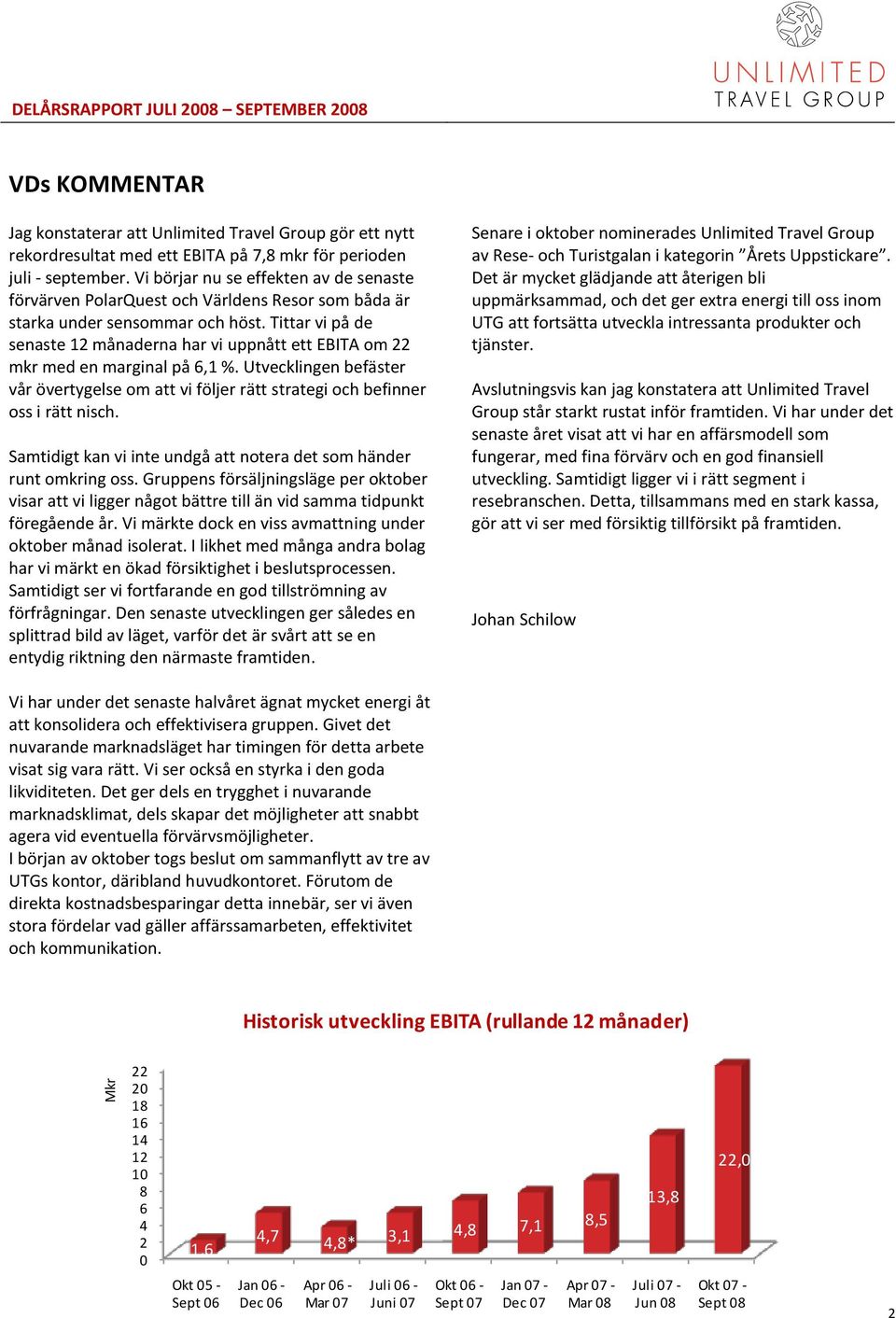 Tittar vi på de senaste 12 månaderna har vi uppnått ett EBITA om 22 mkr med en marginal på 6,1 %. Utvecklingen befäster vår övertygelse om att vi följer rätt strategi och befinner oss i rätt nisch.