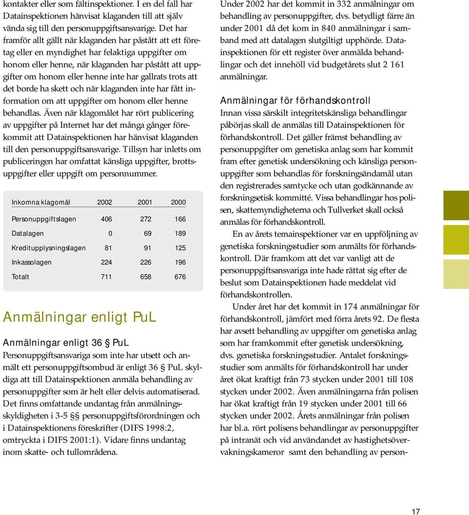 har gallrats trots att det borde ha skett och när klaganden inte har fått information om att uppgifter om honom eller henne behandlas.