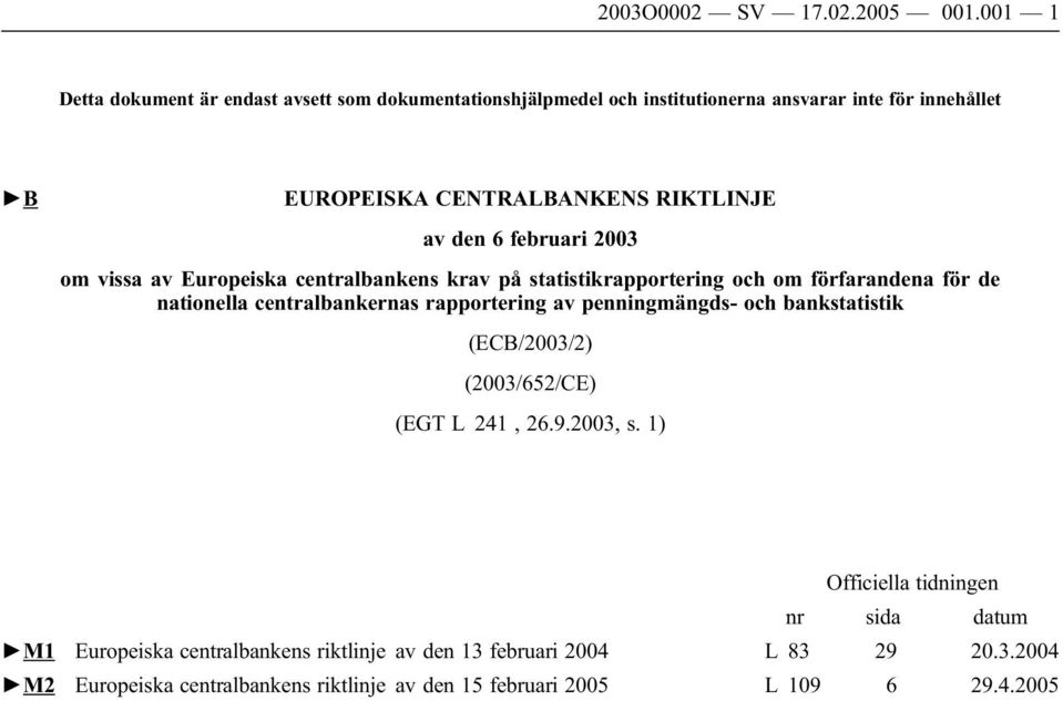 den 6 februari 2003 om vissa av Europeiska centralbankens krav på statistikrapportering om förfarandena för de nationella centralbankernas rapportering av