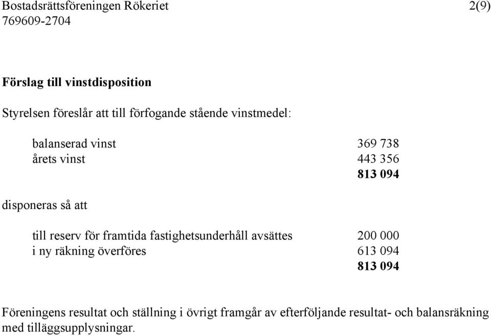 till reserv för framtida fastighetsunderhåll avsättes 200 000 i ny räkning överföres 613 094 813 094