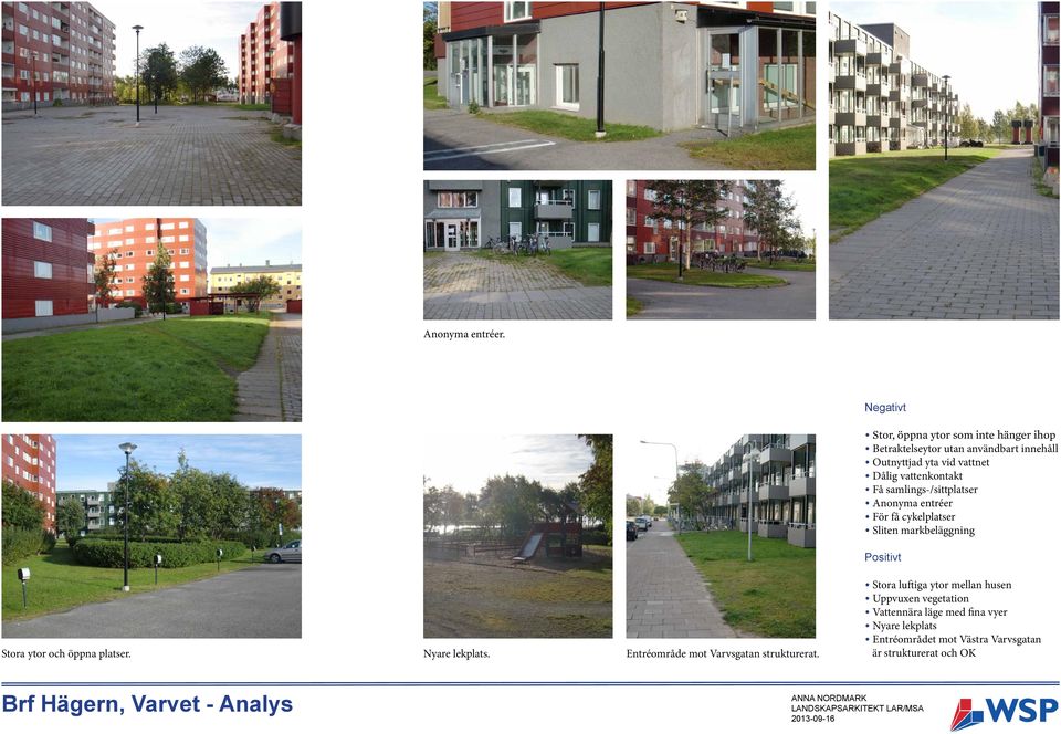 vattenkontakt Få samlings-/sittplatser Anonyma entréer För få cykelplatser Sliten markbeläggning Positivt Stora ytor och öppna