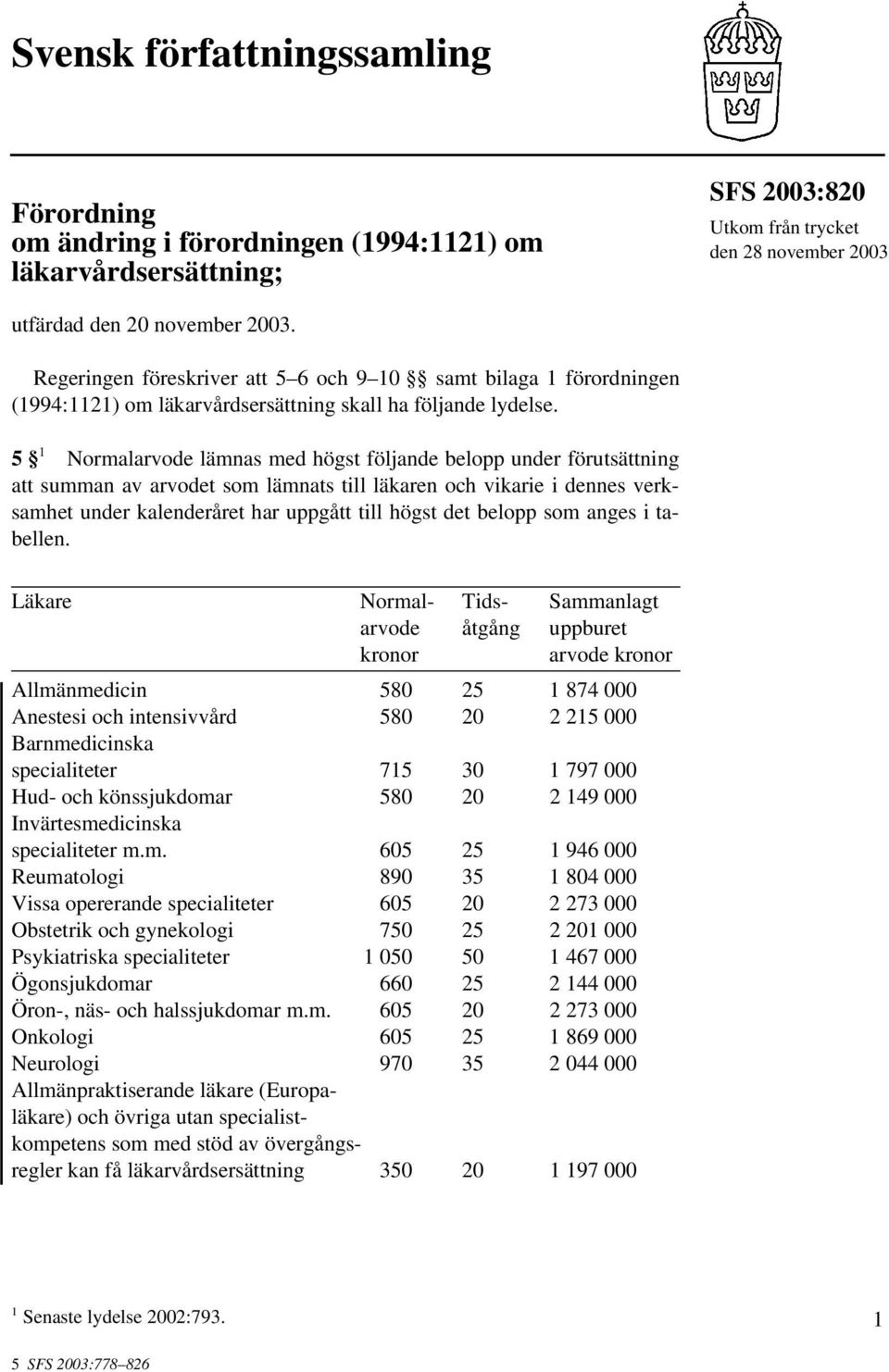 5 1 Normalarvode lämnas med högst följande belopp under förutsättning att summan av arvodet som lämnats till läkaren och vikarie i dennes verksamhet under kalenderåret har uppgått till högst det