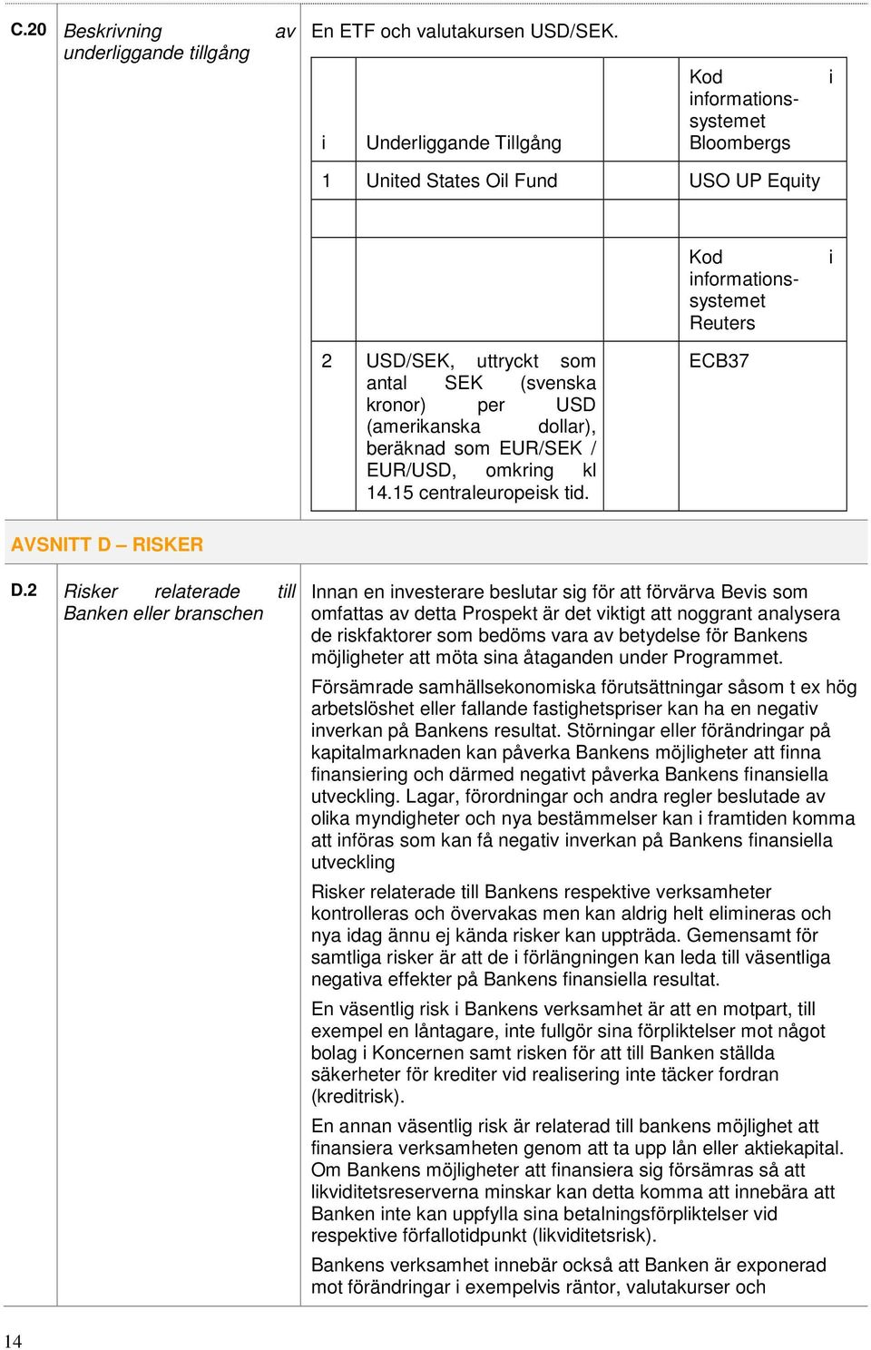 (amerikanska dollar), beräknad som EUR/SEK / EUR/USD, omkring kl 14.15 centraleuropeisk tid. ECB37 AVSNITT D RISKER D.
