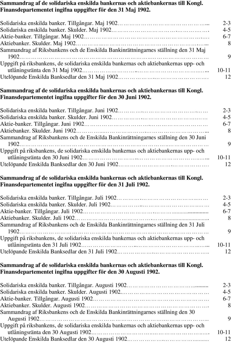 . 9 Uppgift på riksbankens, de solidariska enskilda bankernas och aktiebankernas upp- och utlåningsränta den 31 Maj 1902....... 10-11 Utelöpande Enskilda Banksedlar den 31 Maj 1902.