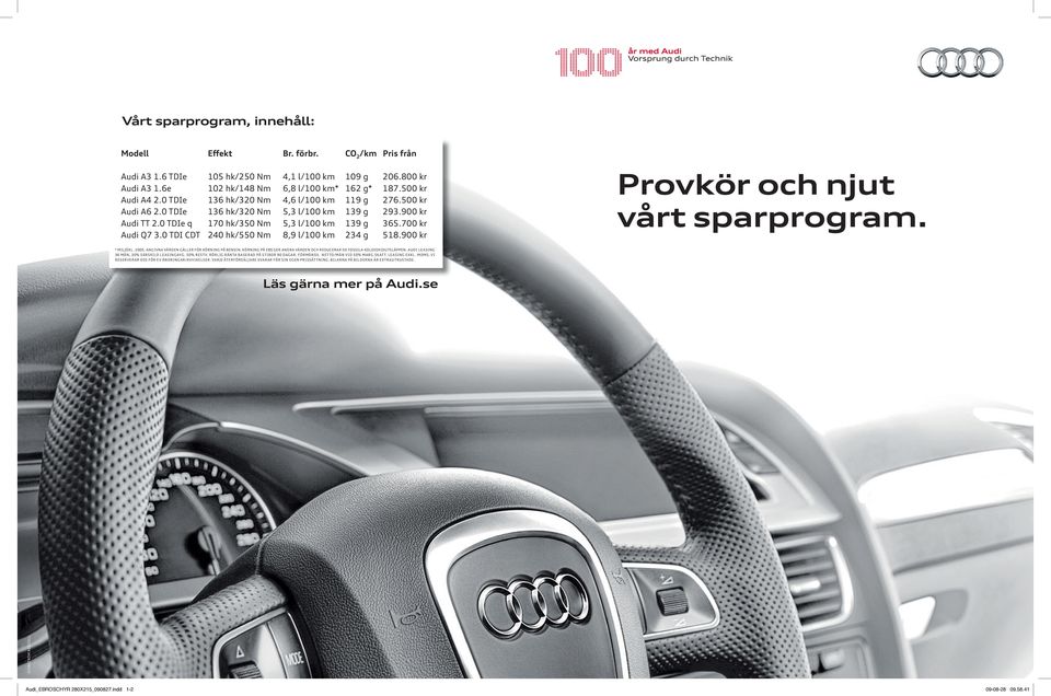 700 kr Audi Q7 3.0 TDI CDT 240 hk/550 Nm 8,9 l/100 km 234 g 518.900 kr Provkör och njut vårt sparprogram. * MILJÖKL. 2005. ANGIVNA VÄRDEN GÄLLER FÖR KÖRNING PÅ BENSIN.