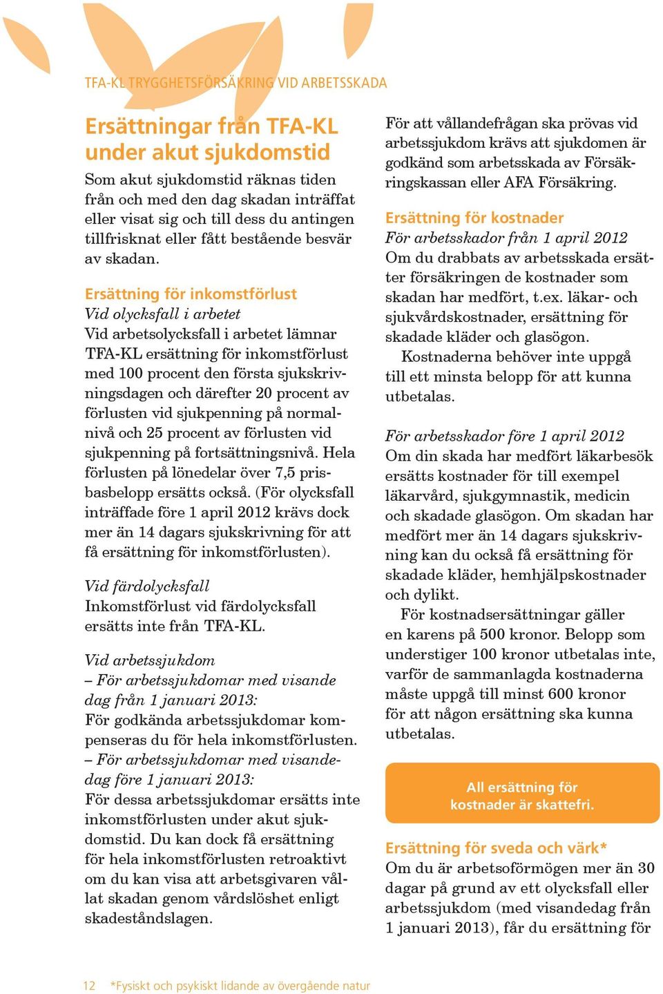 Ersättning för inkomstförlust Vid olycksfall i arbetet Vid arbetsolycksfall i arbetet lämnar TFA-KL ersättning för inkomstförlust med 100 procent den första sjukskrivningsdagen och därefter 20