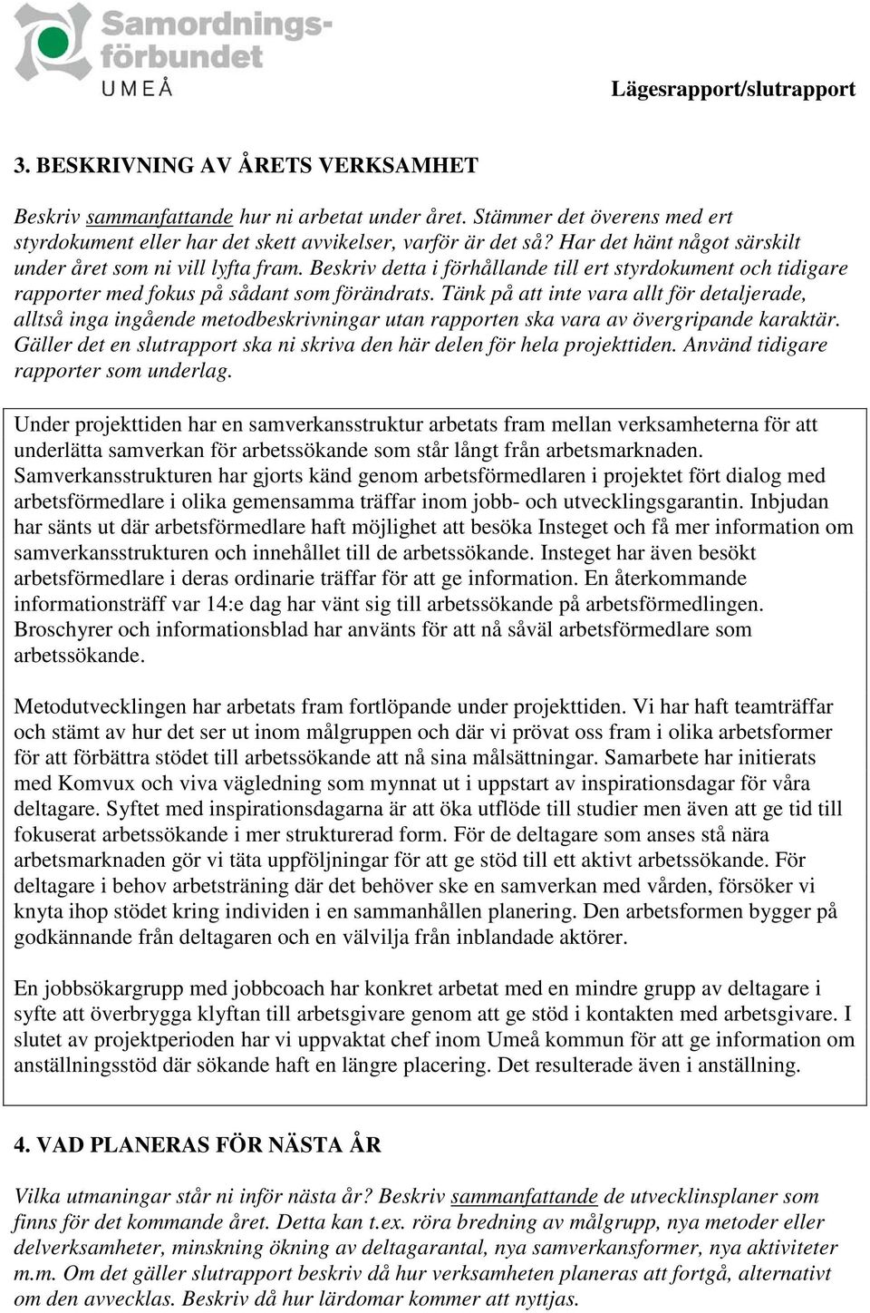 Tänk på att inte vara allt för detaljerade, alltså inga ingående metodbeskrivningar utan rapporten ska vara av övergripande karaktär.