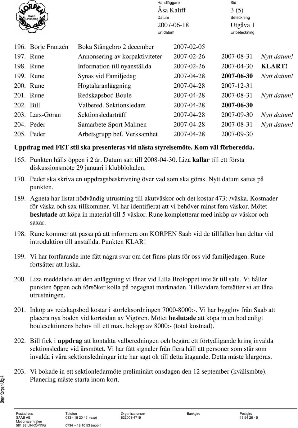 Rune Redskapsbod Boule 2007-04-28 2007-08-31 Nytt datum! 202. Bill Valbered. Sektionsledare 2007-04-28 2007-06-30 203. Lars-Göran Sektionsledarträff 2007-04-28 2007-09-30 Nytt datum! 204.