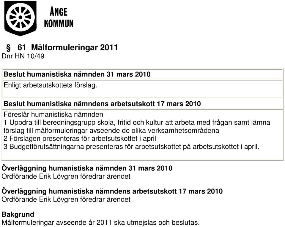 samt lämna förslag till målformuleringar avseende de olika verksamhetsområdena 2 Förslagen presenteras för arbetsutskottet i april 3 Budgetförutsättningarna