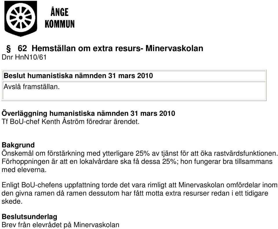 Förhoppningen är att en lokalvårdare ska få dessa 25%; hon fungerar bra tillsammans med eleverna.