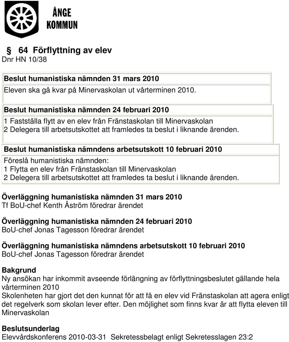 Beslut humanistiska nämndens arbetsutskott 10 februari 2010 Föreslå humanistiska nämnden: 1 Flytta en elev från Fränstaskolan till Minervaskolan 2 Delegera till arbetsutskottet att framledes ta