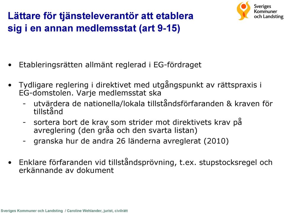 Varje medlemsstat ska - utvärdera de nationella/lokala tillståndsförfaranden & kraven för tillstånd - sortera bort de krav som strider mot direktivets krav på