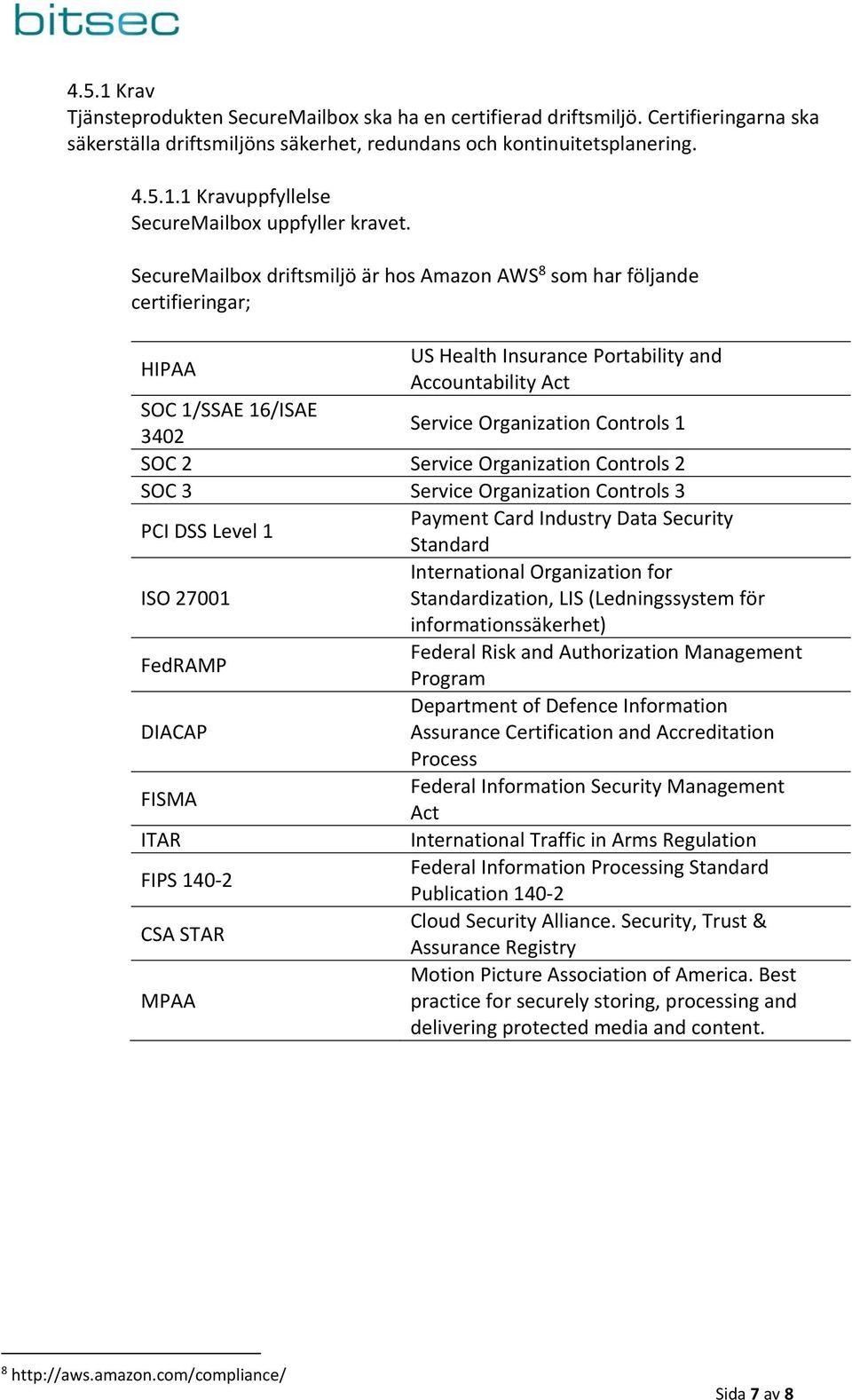 1 Kravuppfyllelse SecureMailbox driftsmiljö är hos Amazon AWS 8 som har följande certifieringar; HIPAA US Health Insurance Portability and Accountability Act SOC 1/SSAE 16/ISAE 3402 Service