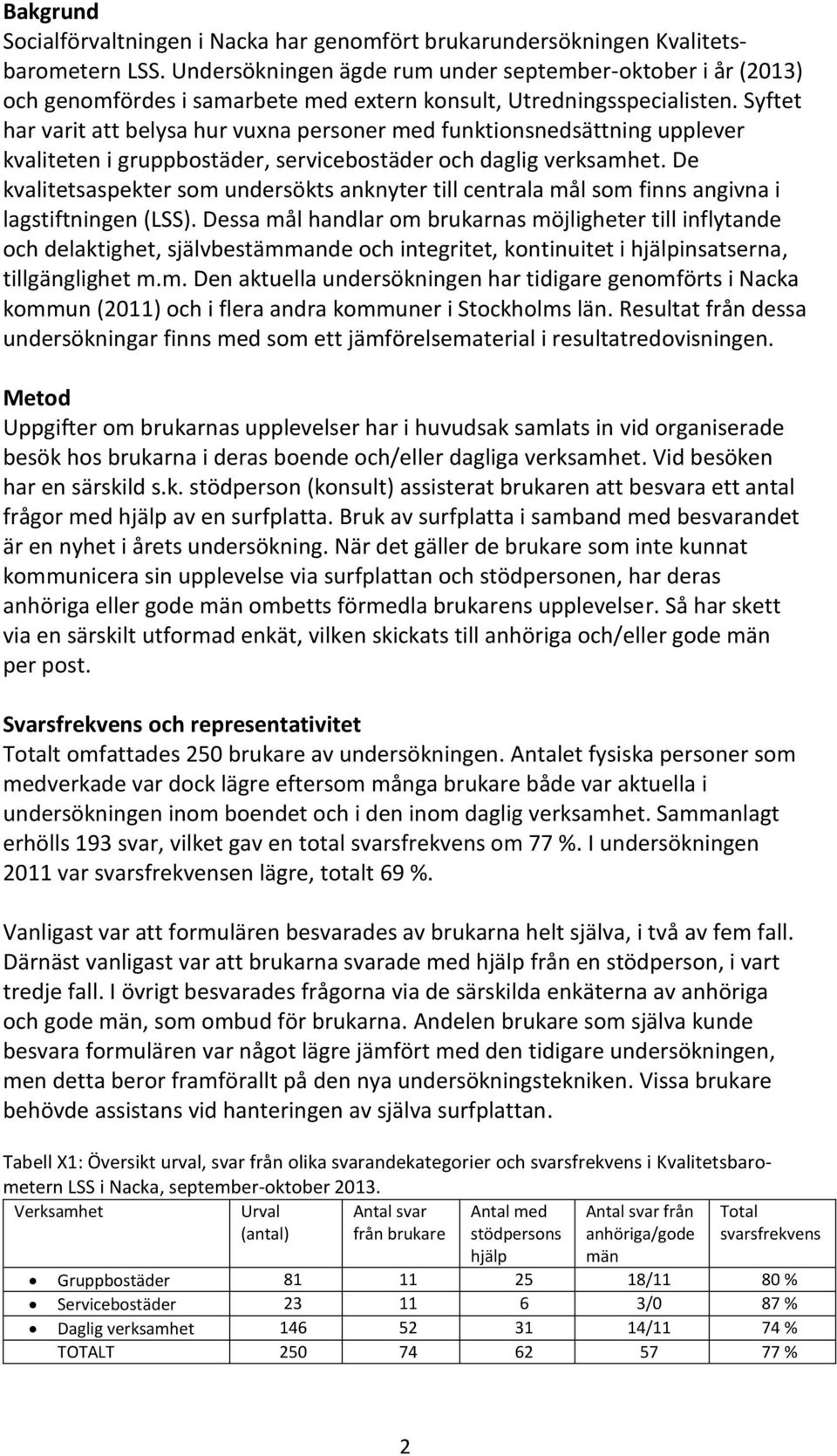 Syftet har varit att belysa hur vuxna personer med funktionsnedsättning upplever kvaliteten i gruppbostäder, servicebostäder och daglig verksamhet.