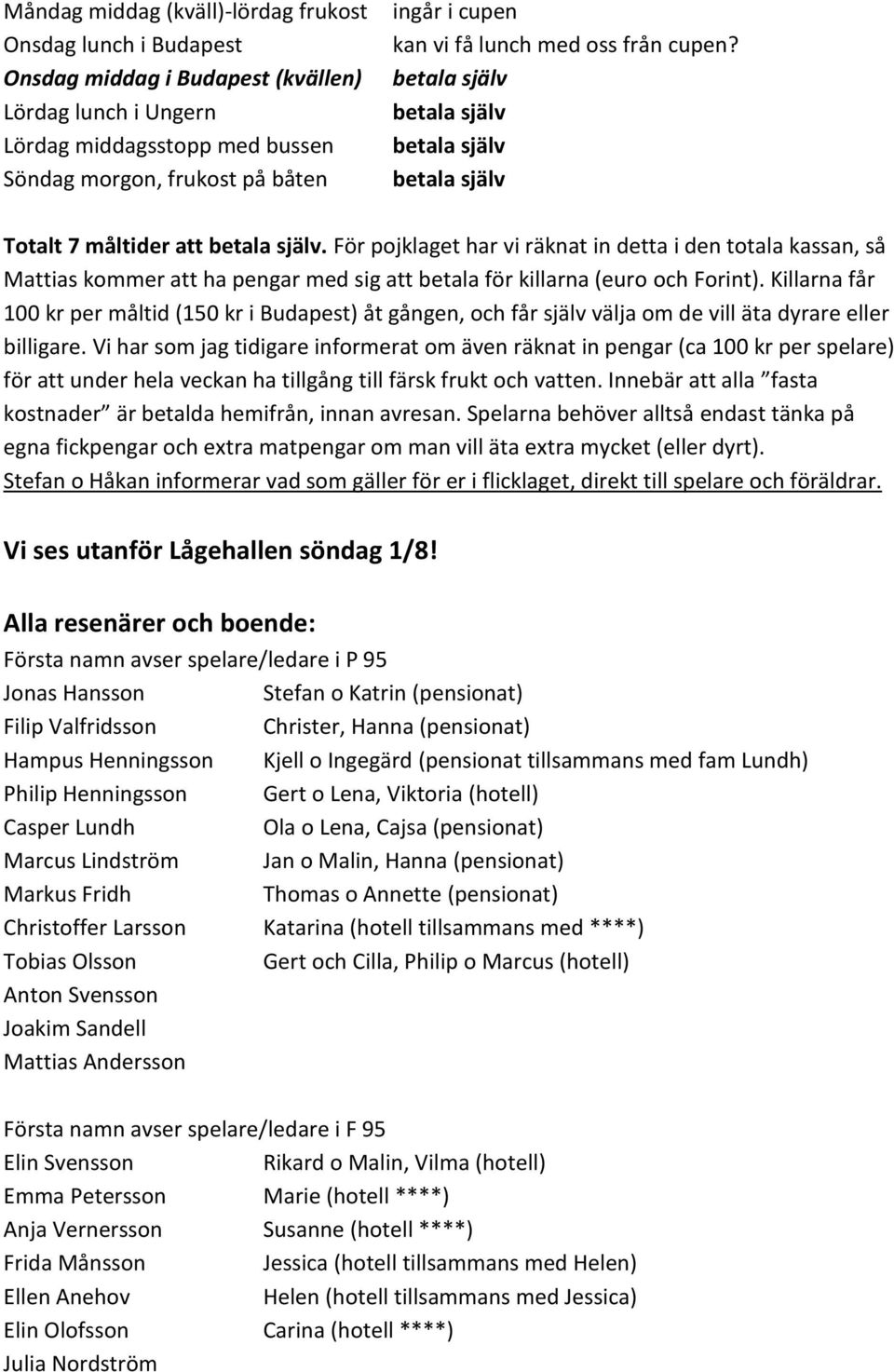 Killarna får 100 kr per måltid (150 kr i Budapest) åt gången, och får själv välja om de vill äta dyrare eller billigare.