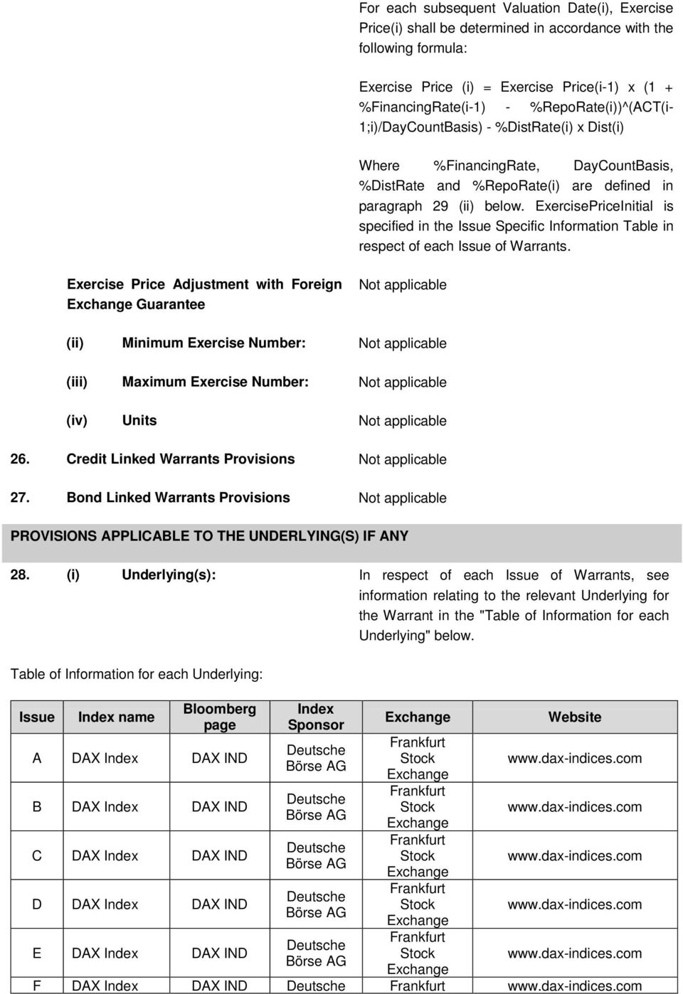 ExercisePriceInitial is specified in the Issue Specific Information Table in respect of each Issue of Warrants.