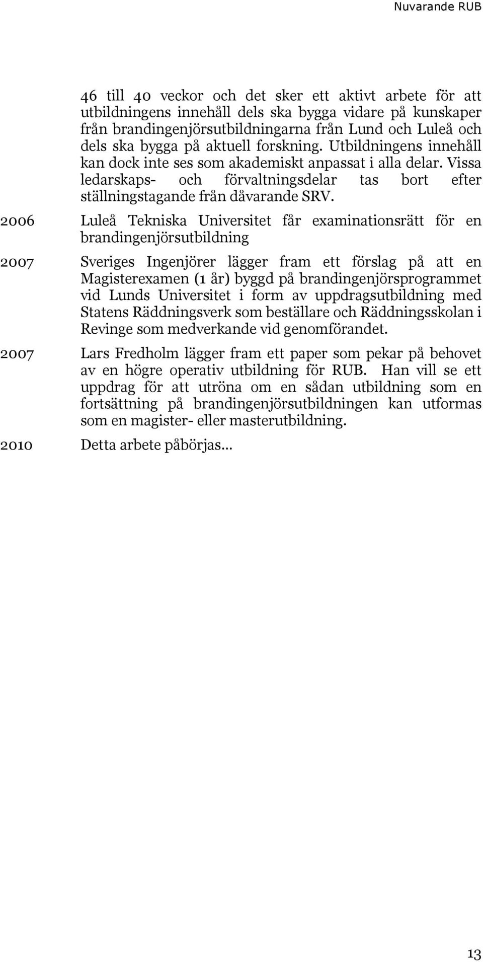 2006 Luleå Tekniska Universitet får examinationsrätt för en brandingenjörsutbildning 2007 Sveriges Ingenjörer lägger fram ett förslag på att en Magisterexamen (1 år) byggd på brandingenjörsprogrammet