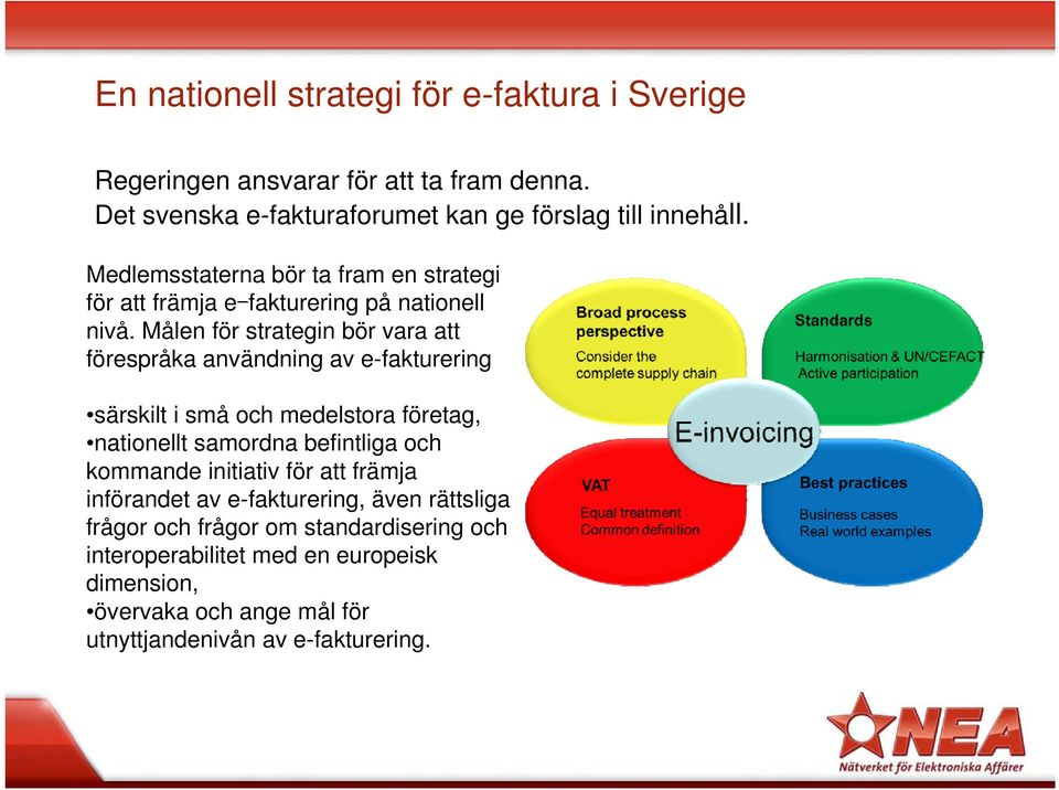 Målen för strategin bör vara att förespråka användning av e-fakturering särskilt i små och medelstora företag, nationellt samordna befintliga och