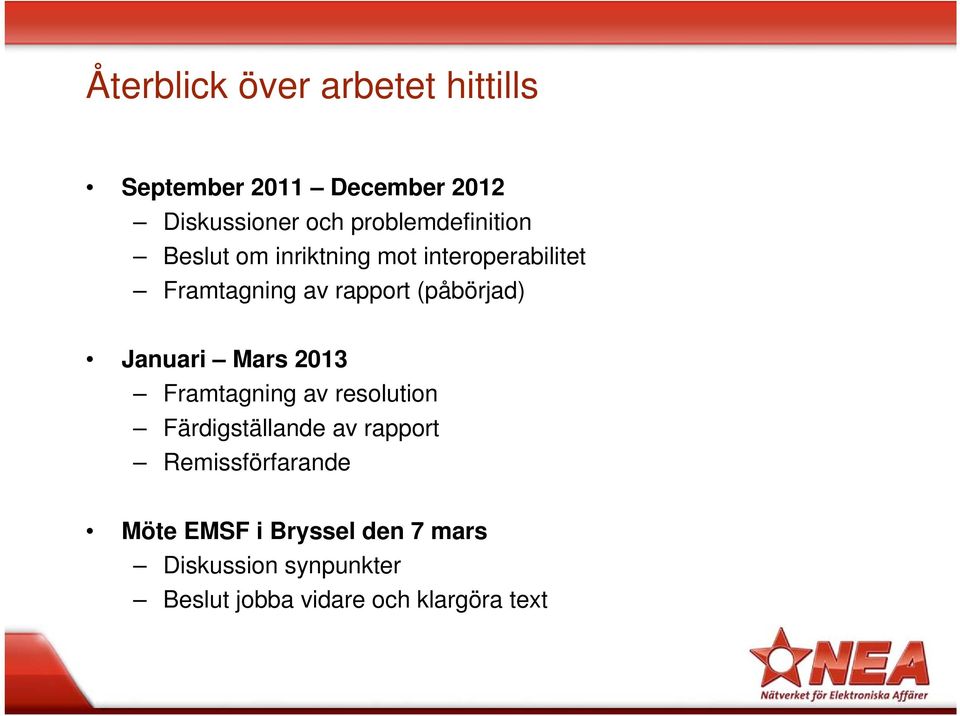 (påbörjad) Januari Mars 2013 Framtagning av resolution Färdigställande av rapport