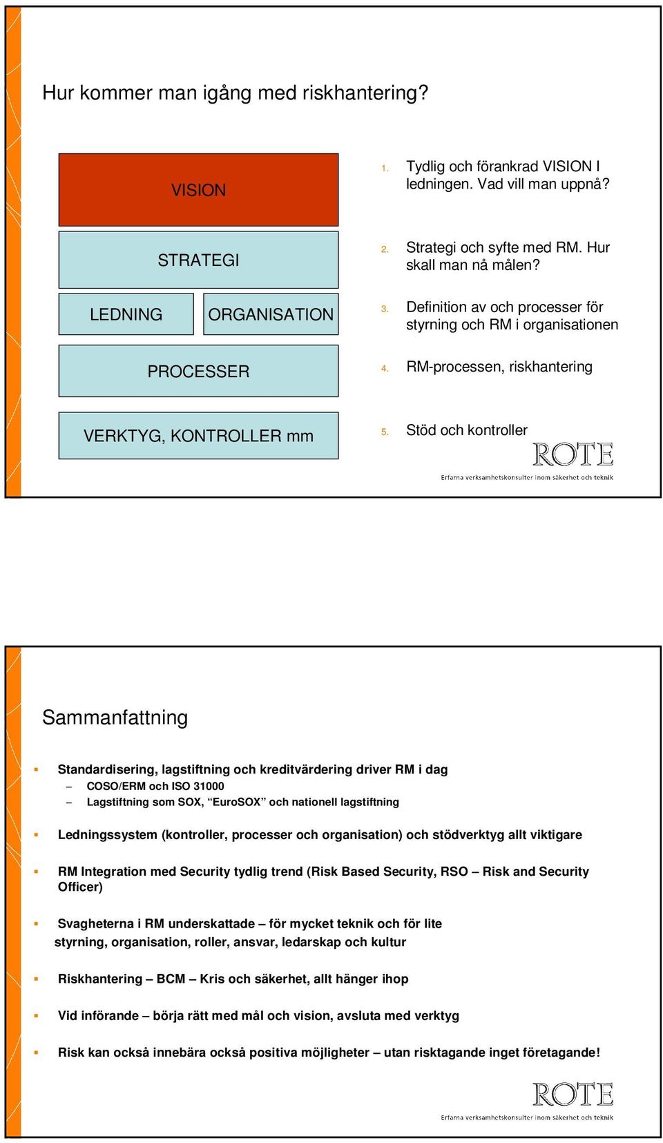 Stöd och kontroller Sammanfattning Standardisering, lagstiftning och kreditvärdering driver RM i dag COSO/ERM och ISO 3000 Lagstiftning som SOX, EuroSOX och nationell lagstiftning Ledningssystem