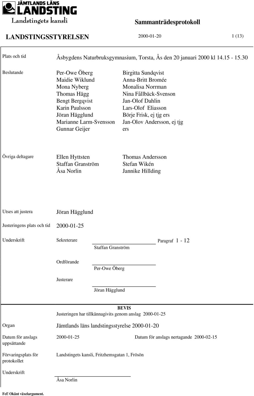 Norrman Nina Fållbäck-Svenson Jan-Olof Dahlin Lars-Olof Eliasson Börje Frisk, ej tjg ers Jan-Olov Andersson, ej tjg ers Övriga deltagare Ellen Hyttsten Staffan Granström Åsa Norlin Thomas Andersson