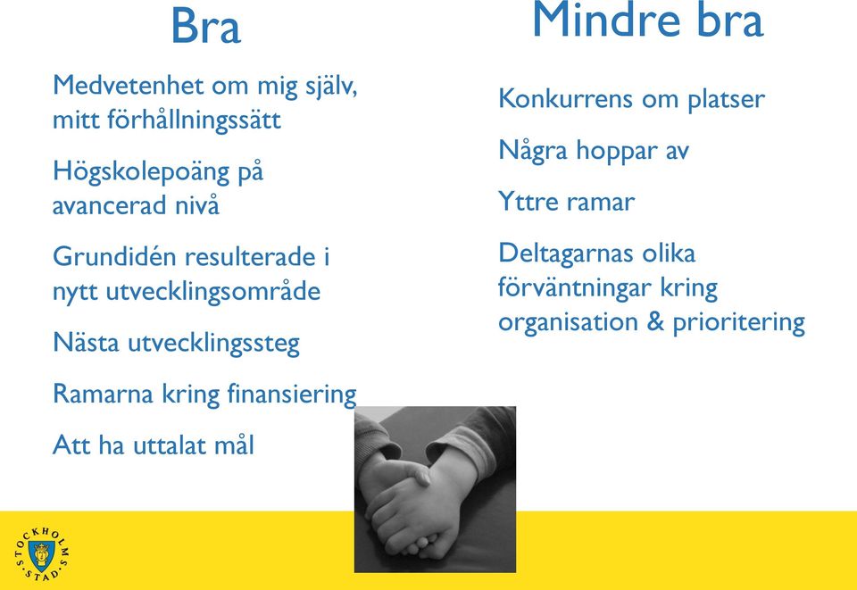 kring finansiering Att ha uttalat mål Mindre bra Konkurrens om platser Några