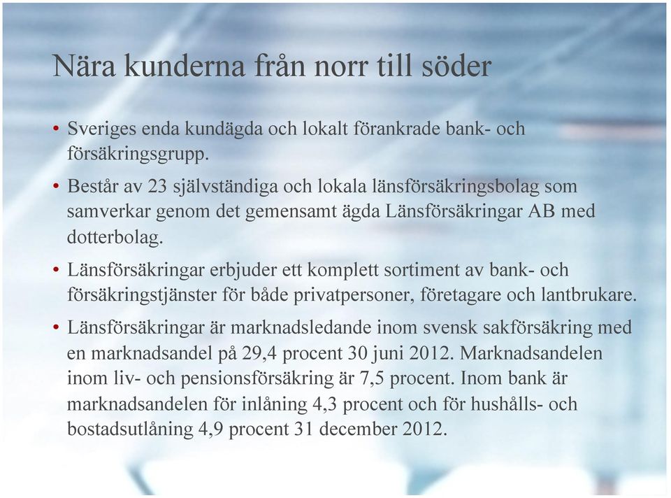 Länsförsäkringar erbjuder ett komplett sortiment av bank- och försäkringstjänster för både privatpersoner, företagare och lantbrukare.