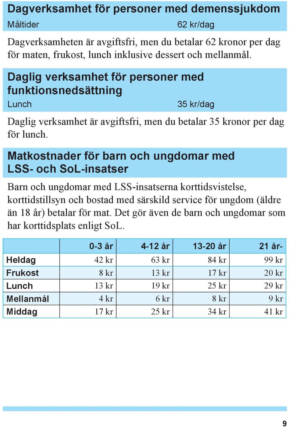 Matkostnader för barn och ungdomar med LSS- och SoL-insatser Barn och ungdomar med LSS-insatserna korttidsvistelse, korttidstillsyn och bostad med särskild service för ungdom (äldre än 18 år) betalar