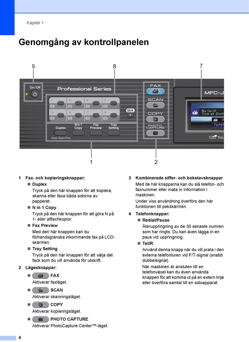Tray Setting Tryck på den här knappen för att välja det fack som du vill använda för utskrift. 2 Lägesknappar: FAX Aktiverar faxläget. SCAN Aktiverar skanningsläget.