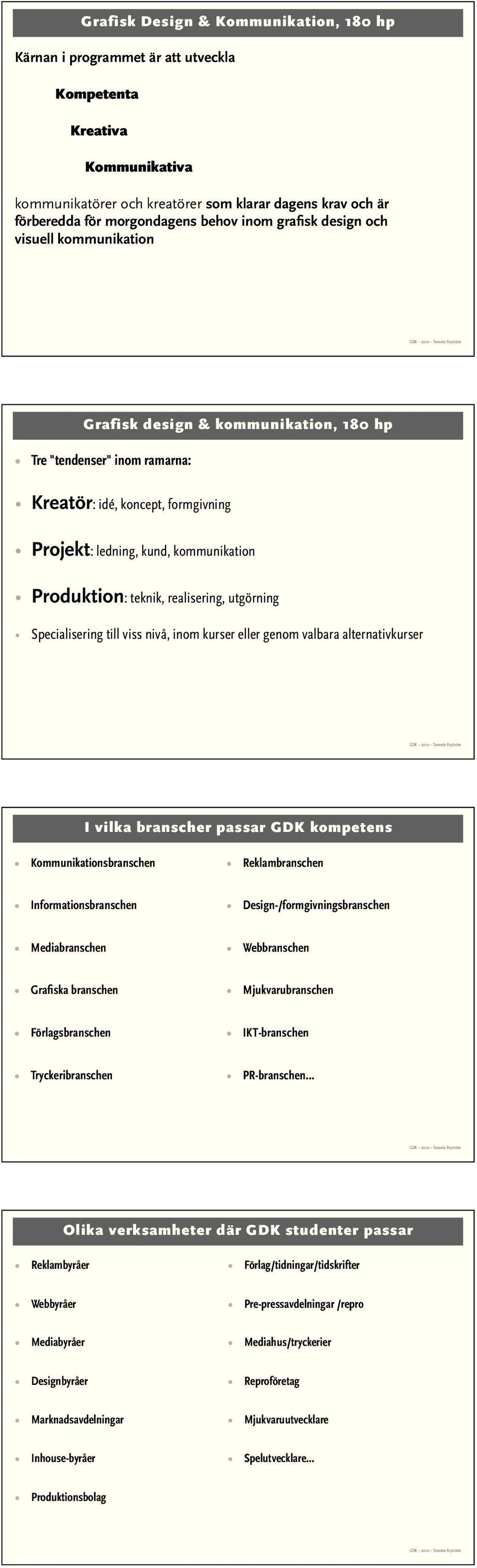 Specialisering till viss nivå, inom kurser eller genom valbara alternativkurser I vilka branscher passar GDK kompetens Kommunikationsbranschen Reklambranschen Informationsbranschen