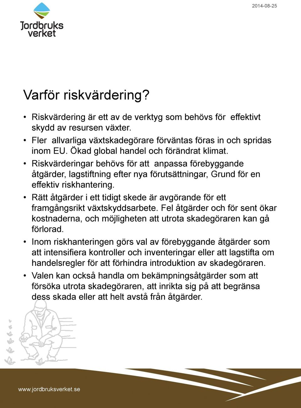 Rätt åtgärder i ett tidigt skede är avgörande för ett framgångsrikt växtskyddsarbete. Fel åtgärder och för sent ökar kostnaderna, och möjligheten att utrota skadegöraren kan gå förlorad.