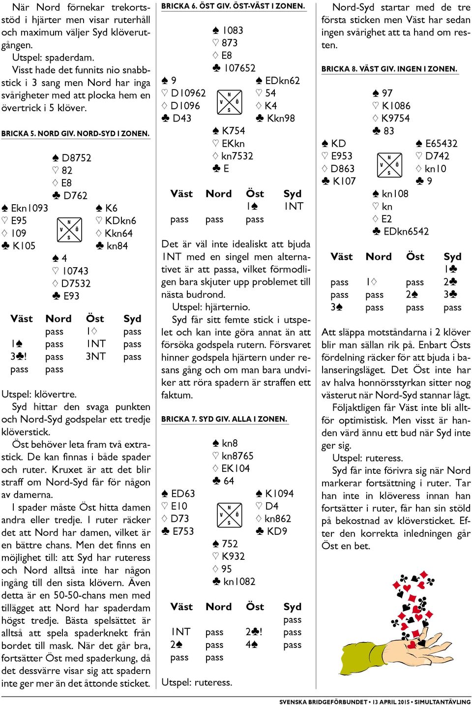 [ D8752 ] 82 } D762 [ Ekn1093 [ K6 ] E95 N ] KDkn6 { 109 { Kkn64 } K105 [ 4 ] 10743 { D7532 } E93 } kn84 Väst Nord Öst yd 1{ 1[ 1NT 3}! 3NT Utspel: klövertre.