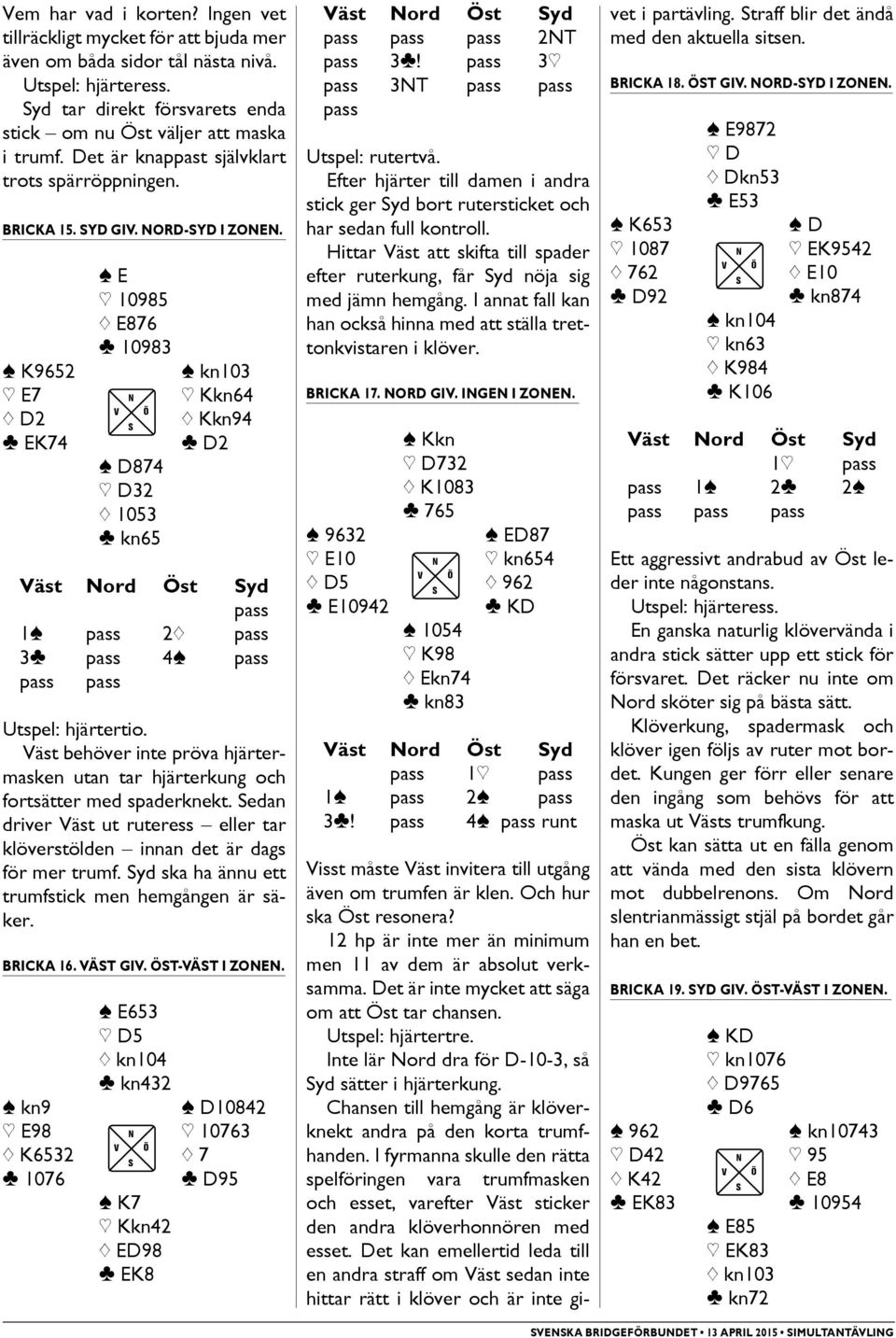 [ E ] 10985 76 } 10983 [ K9652 [ kn103 ] E7 N ] Kkn64 { D2 { Kkn94 } EK74 [ D874 ] D32 { 1053 } kn65 } D2 Väst Nord Öst yd 1[ 2{ 3} 4[ Utspel: hjärtertio.