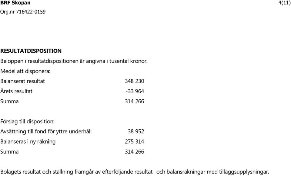 disposition: Avs ttning till fond f r yttre underh ll Balanseras i ny r kning 38 952 275 314 314