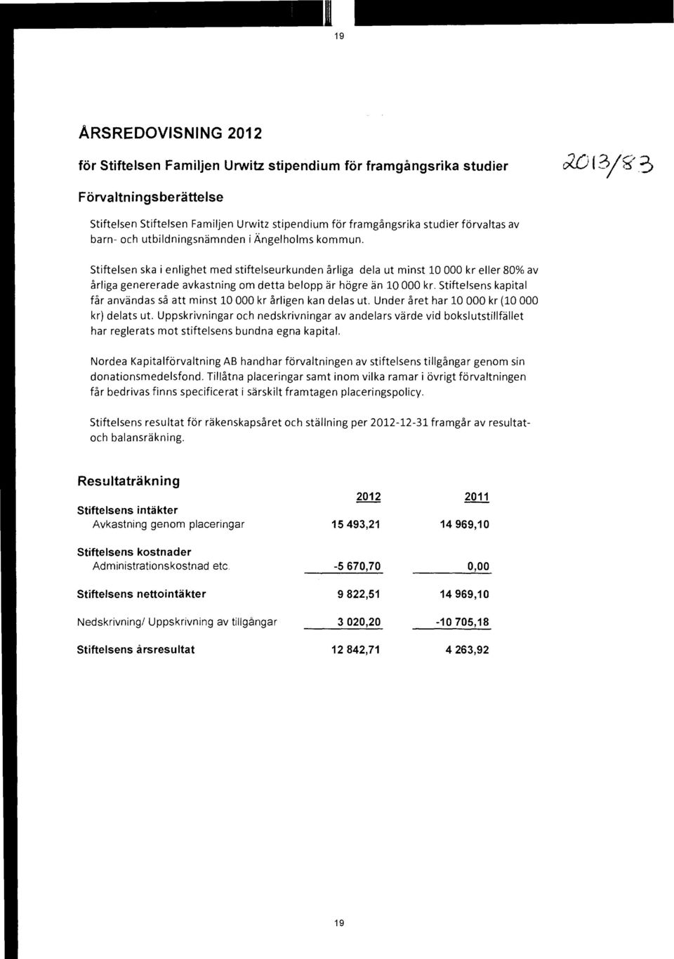 Stiftelsen ska i enlighet med stiftelseurkunden årliga dela ut minst 10 000 kr eller 80% av årliga genererade avkastning om detta belopp är högre än 10 000 kr.