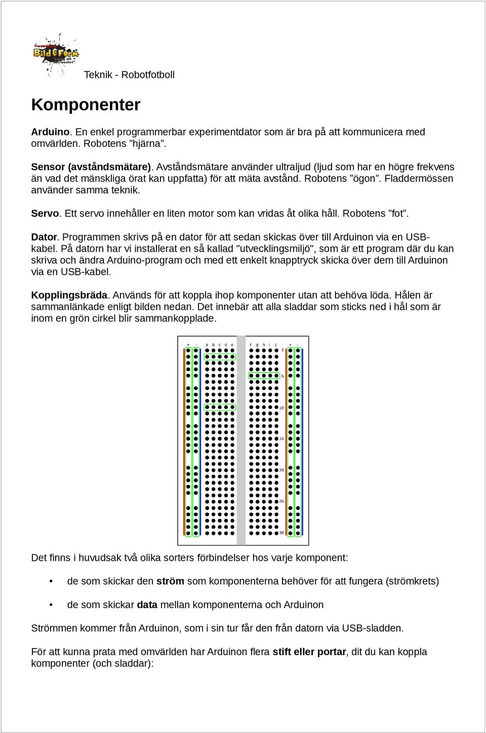 Ett servo innehåller en liten motor som kan vridas åt olika håll. Robotens fot. Dator. Programmen skrivs på en dator för att sedan skickas över till Arduinon via en USBkabel.