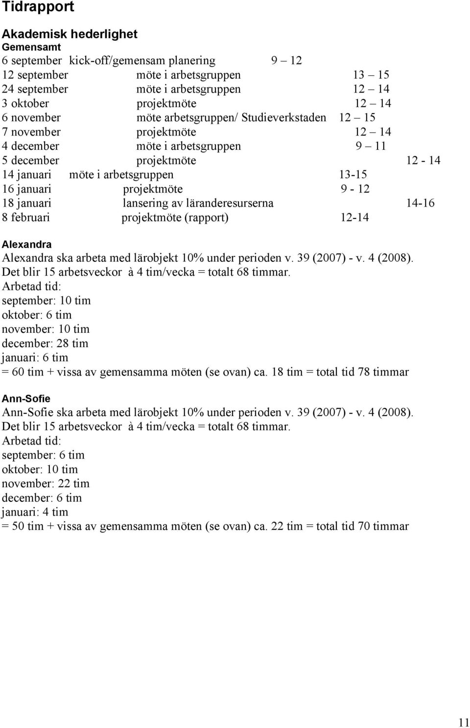 projektmöte 9-12 18 januari lansering av läranderesurserna 14-16 8 februari projektmöte (rapport) 12-14 Alexandra Alexandra ska arbeta med lärobjekt 10% under perioden v. 39 (2007) - v. 4 (2008).