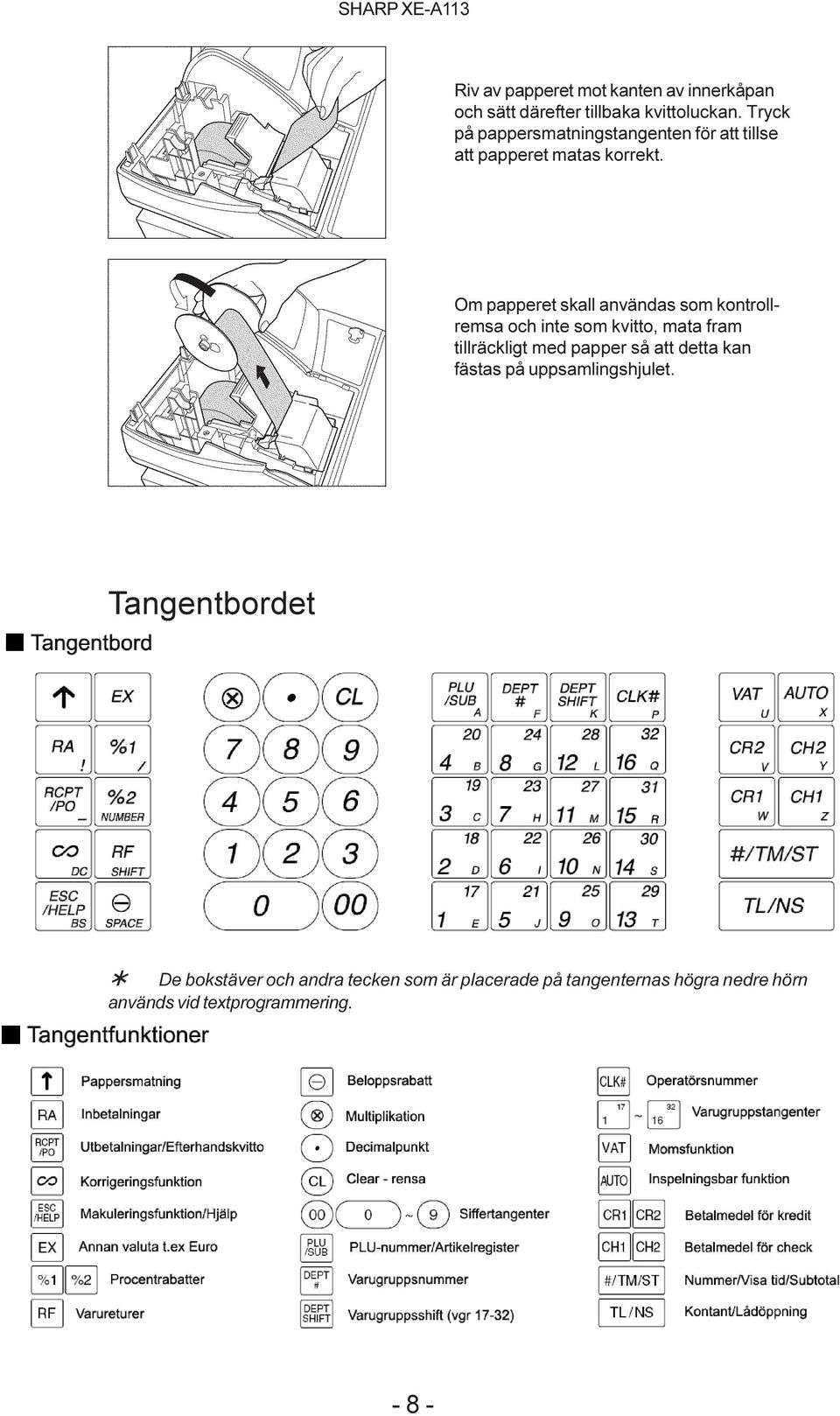 Om papperet skall användas som kontrollremsa och inte som kvitto, mata fram tillräckligt med papper så att detta
