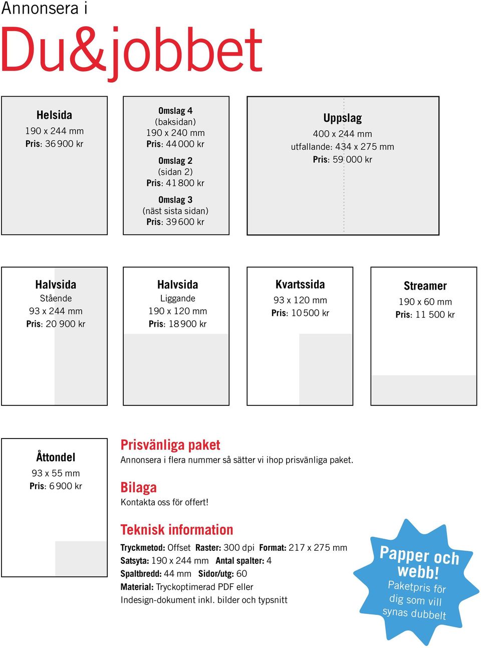 Åttondel 93 x 55 mm Pri: 6 900 kr Privänliga paket Annonera i flera nummer å ätter vi ihop privänliga paket. Bilaga Kontakta o för offert!