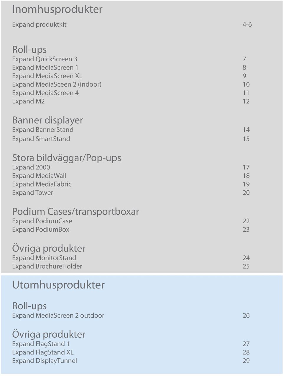 18 Expand MediaFabric 19 Expand Tower 20 Podium Cases/transportboxar Expand PodiumCase 22 Expand PodiumBox 23 Övriga produkter Expand MonitorStand 24